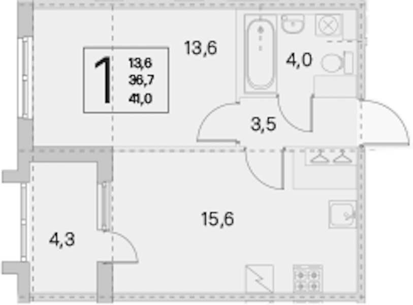 1-комнатная квартира 36.7 м², 3/5 эт., ЖК «ЮгТаун. Олимпийские кварталы»